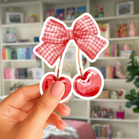 Cherry Gingham Bow Sticker - 3"
